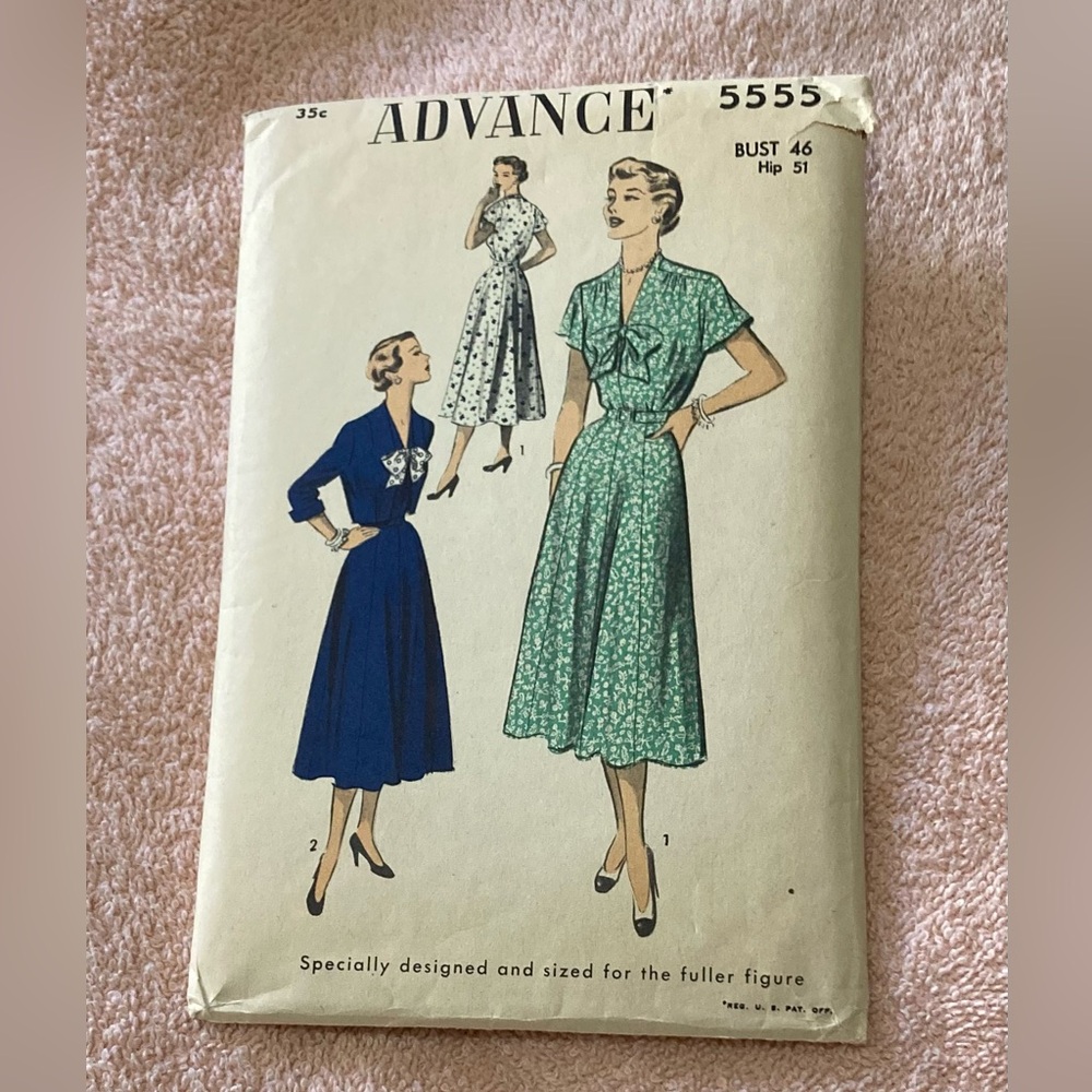 Original Vintage Dress Sewing Pattern 1950s Advance Pattern 5555 Bust 46 Hip 51